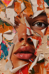 fashion collage of torn paper with colorful  patterns and the face of an attractive woman