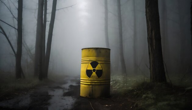 Radioactive waste in barrels thrown in the dark forest in the fog. Generated with AI