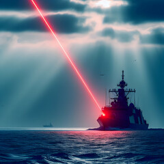 Warship at sea firing one or more red laser beams.