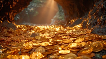 Abundant Gold Coins in Cave - obrazy, fototapety, plakaty