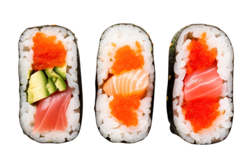 sushi with salmon top view isolated on transparent background Remove png, Clipping Path, pen tool