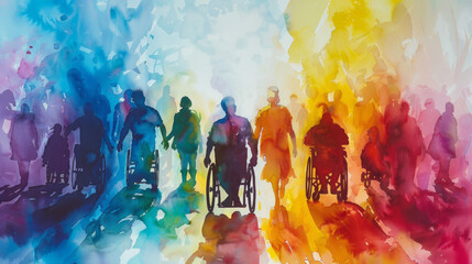 acquerello colorato con un gruppo eterogeneo di  persone con disabilità, giornata della disabilità, sensibilizzazione per il mondo diversamente abile, autismo - obrazy, fototapety, plakaty
