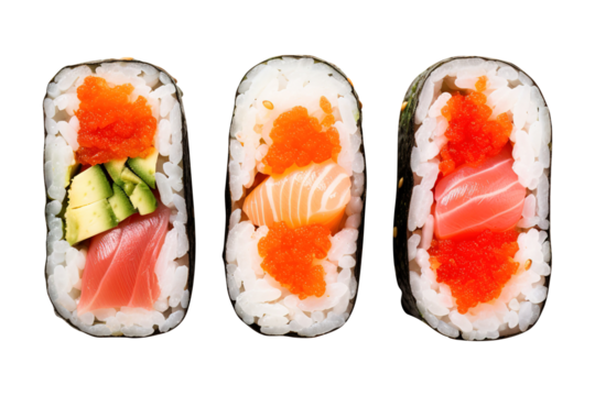 sushi with salmon top view isolated on transparent background Remove png, Clipping Path, pen tool