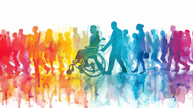 acquerello colorato con un gruppo eterogeneo di  persone con disabilit&agrave;, giornata della disabilit&agrave;, sensibilizzazione per il mondo diversamente abile, autismo