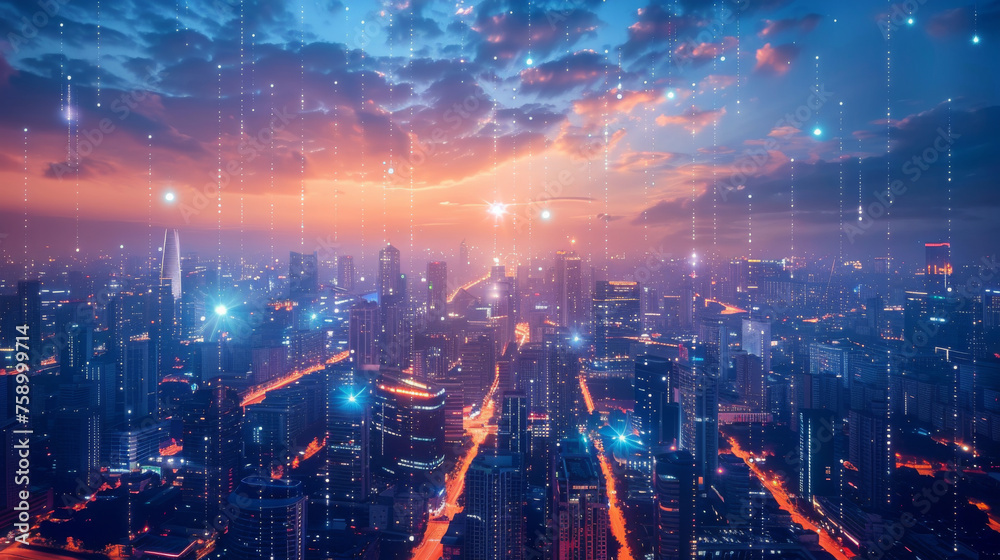 Wall mural Futuristic smart city skyline, AI-driven infrastructure, glowing at dusk with tech elements