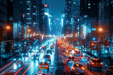 Fototapeta na wymiar Bustling Night Traffic on City Street