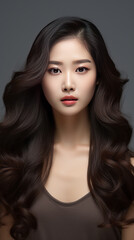 Banner for websites. Beautiful Korean girl with long curly hair on a dark gray background. 
