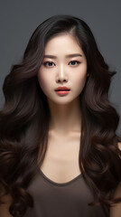 Fototapeta premium Banner for websites. Beautiful Korean girl with long curly hair on a dark gray background. 