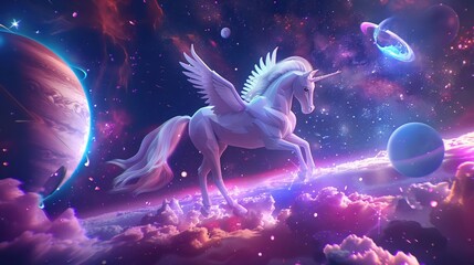 Majestic horse with wings soaring through a galaxy filled with stars and planets low poly pastel color - obrazy, fototapety, plakaty