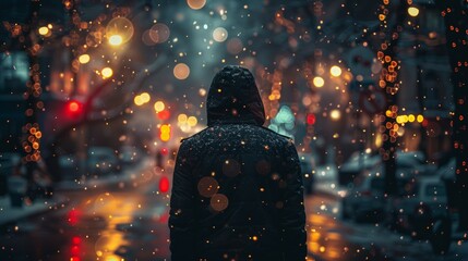 Person Standing in Rain at Night - obrazy, fototapety, plakaty