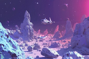 Pilots skillfully maneuvering through a field of meteorites in space low poly pastel color - obrazy, fototapety, plakaty