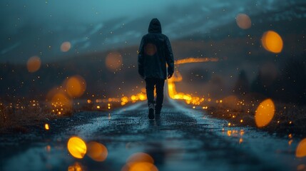 Person Walking Down Road in Rain - obrazy, fototapety, plakaty