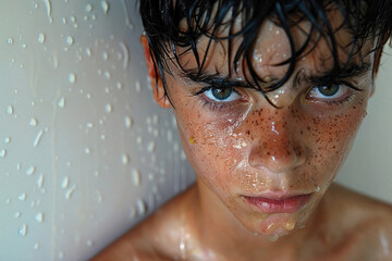 Sad child taking a shower. Child abuse concept