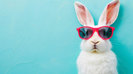 Bunny rabbit wearing red sunglasses on blue background, Easter and cute pet concept