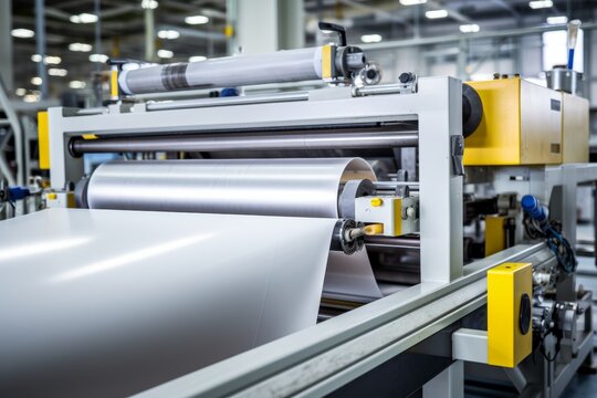 Detailed shot of an industrial laminating machine at work in a bustling factory setting