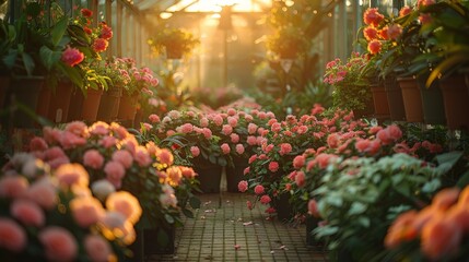 Fototapeta na wymiar Lush Pink Flower-filled Greenhouse