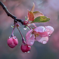 Pink Crabapple Flower Adorned with Glistening Waterdrops, Capturing Nature's Beauty Generative AI