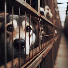 Dog trapped in a kennel - obrazy, fototapety, plakaty