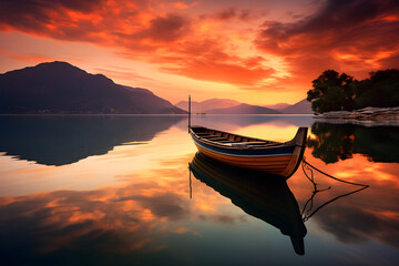 Exquisite Sunrise Scenery Over The Calm Bay With A Solitary Boat Moored