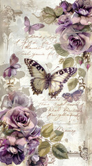 Junk journal page background with beautiful butterflies and purple flowers as wallpaper illustration, Elegant Shabby Chic Backdrop