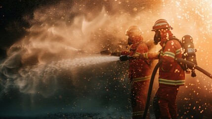 Dramatic view firefighters work spraying high pressure water pump to fire. AI generated image