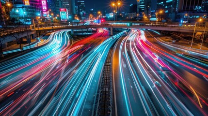 Fototapeta na wymiar Fast drive moving cars at city road at night with illuminated lights. AI generated image