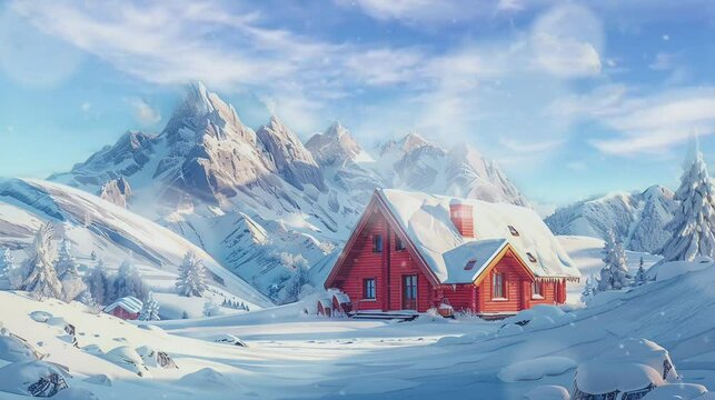 Snowy wooden house with mountains behind. Cartoon painting illustration style. Seamless looping animated. Generative AI