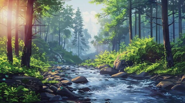 Flowing water river in the middle of the rainforest. Cartoon painting illustration style. Seamless looping animated. Generative AI