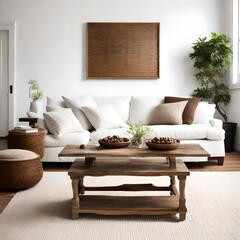 modern living room with sofa,Rustic coffee table near white sofa