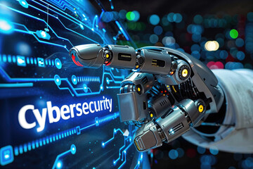 . Cybersecurity and cybercrime concept Robotic hand trying to improve cybersecurity