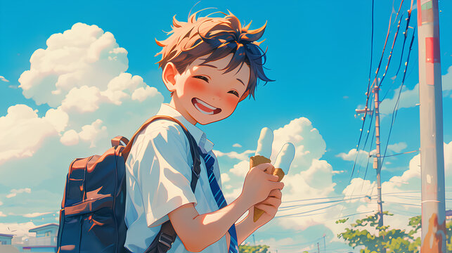 anime Little boy in school uniform wearing a bag. is eating ice cream