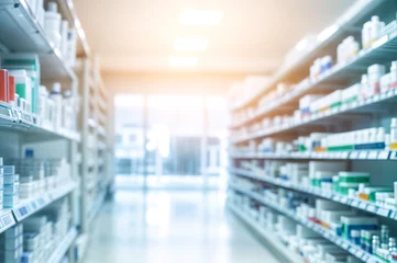 Gordijnen Pharmacy drugstore shelves interior blur medical background © Рика Тс
