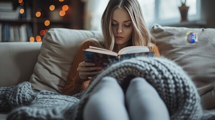 Fototapeta premium Girl sitting on couch with cover reading book