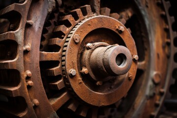 Close-up view of an aged machine wheel displaying its intricate design and signs of long-term industrial use