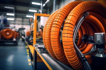 Detailed shot of an industrial-grade hose in a busy factory setting with machinery and laborers in the background - obrazy, fototapety, plakaty