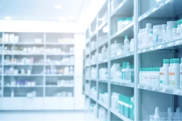 Muurstickers Pharmacy drugstore shelves interior blur medical background © Рика Тс