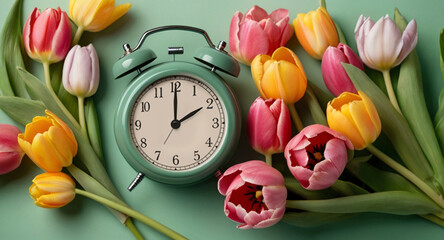 Vintage alarm clock with colorful flowers. Spring time concept.  - 759002386