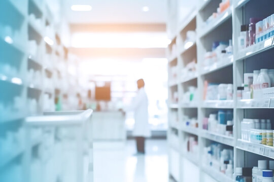Pharmacy drugstore shelves interior blur medical background