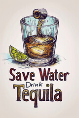 Illustration of glass and words - Save Water Drink Tequila