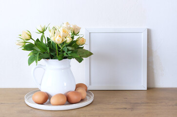Happy Easter. Congratulations easter background. Easter eggs and flowers.