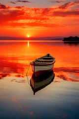 Fototapeten Exquisite Sunrise Scenery Over The Calm Bay With A Solitary Boat Moored © Curtis
