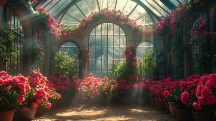 Abundant Pink Flowers in Greenhouse - obrazy, fototapety, plakaty