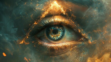 Intense Eye Close-Up With Fire Background - obrazy, fototapety, plakaty