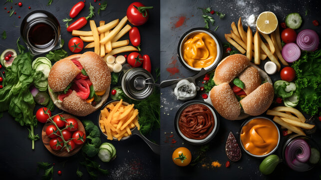 Fast food dish and health food on black stone background. Take away unhealthy set including burgers
