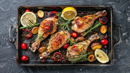 Top view tasty roasted chicken legs with vegetables on pan, black slate background. AI generated