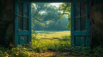 Open Door to Lush Green Field