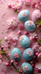 Fototapeta premium Easter background. Beautiful composition of colorful eggs and spring flowers on a delicate background. Spring holidays concept with copy space.