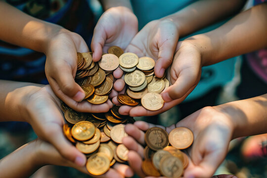 Hands Uniting in Sharing a Collection of Various International Coins, Symbol of Unity and Charity