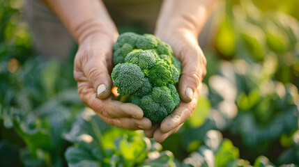 Naklejka na ściany i meble Gardener's hands holding broccoli, organic product from farm