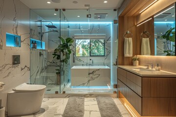 A bathroom with a toilet. sink and shower for advertising